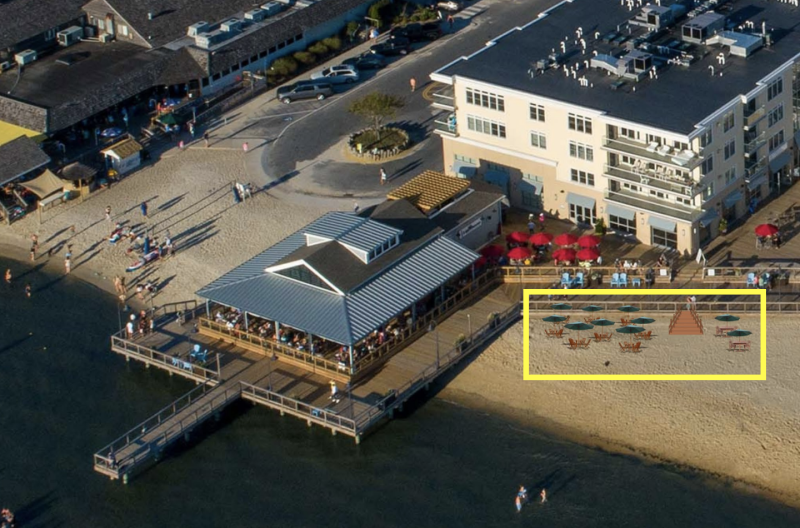 Dewey Beach Town Council approved a resolution authorizing outdoor seating for up to 44 people on the bay beach at The Lighthouse Restaurant during a meeting March 20. The restaurant plans to put in 10 tables as well as stairs, highlighted in yellow. SOURCE: DEWEY BEACH